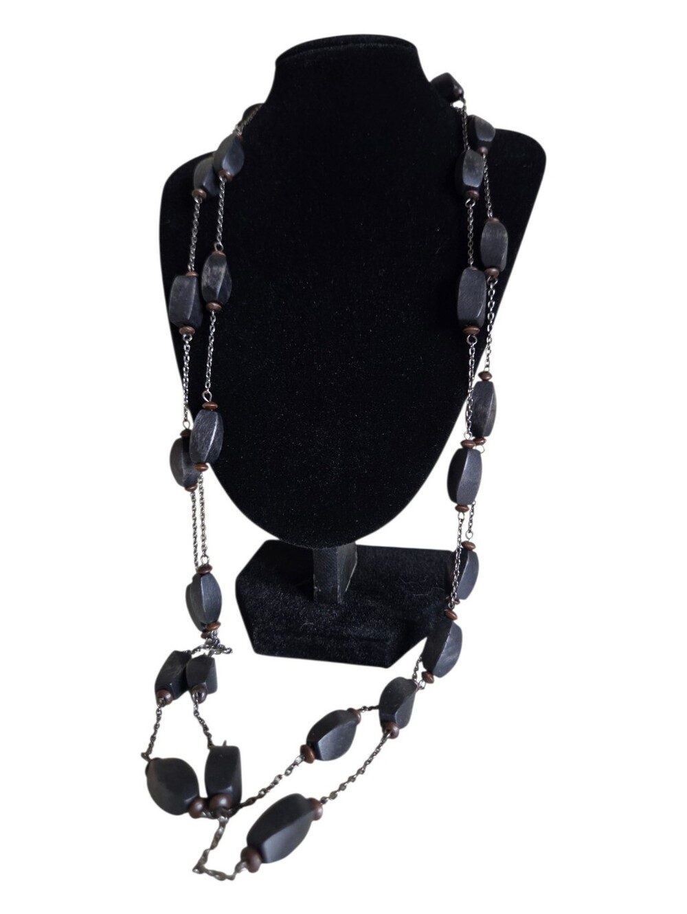 extra long black wood bead station necklace gunmetal chain flapper layering